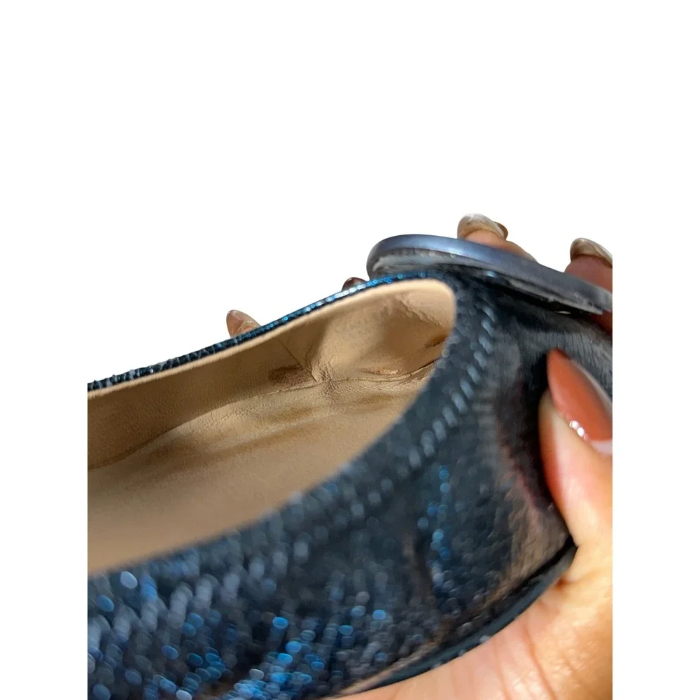 Tory Burch Reva Metallic Blue Cracked Leather Logo Ballet Flats Womens 7.5